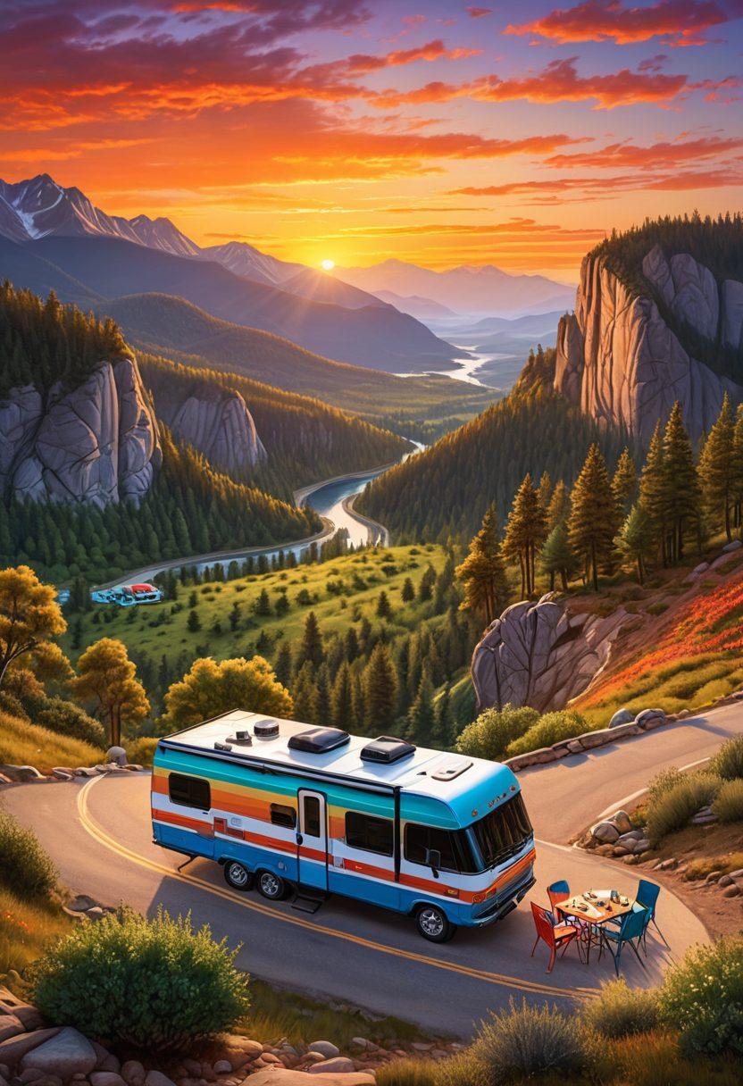 A vibrant RV gleaming under a sunset sky, parked on a scenic cliffside with a panoramic view of a winding road stretching into the horizon. Cozy camping setup with an open grill, a family laughing, and a dog playing nearby. Mountain ranges and lush forests in the background. super-realistic. vibrant colors.