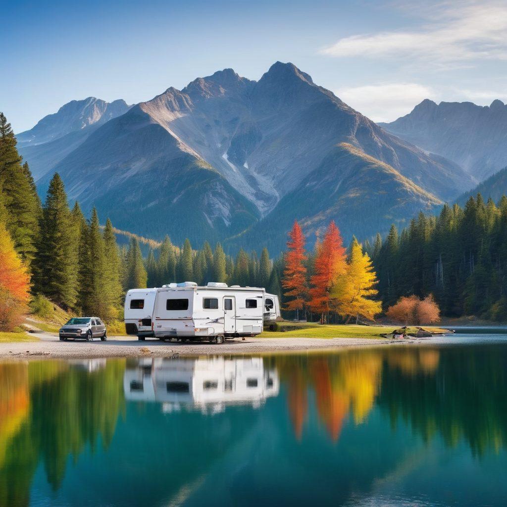 A picturesque landscape with a variety of RVs parked near a lake, surrounded by mountains and forests. Highlight different types of RVs such as Class A motorhomes, travel trailers, and campervans. Families and friends are enjoying outdoor activities like fishing, barbecuing, and hiking. Clear skies and vibrant colors. super-realistic. vibrant colors.