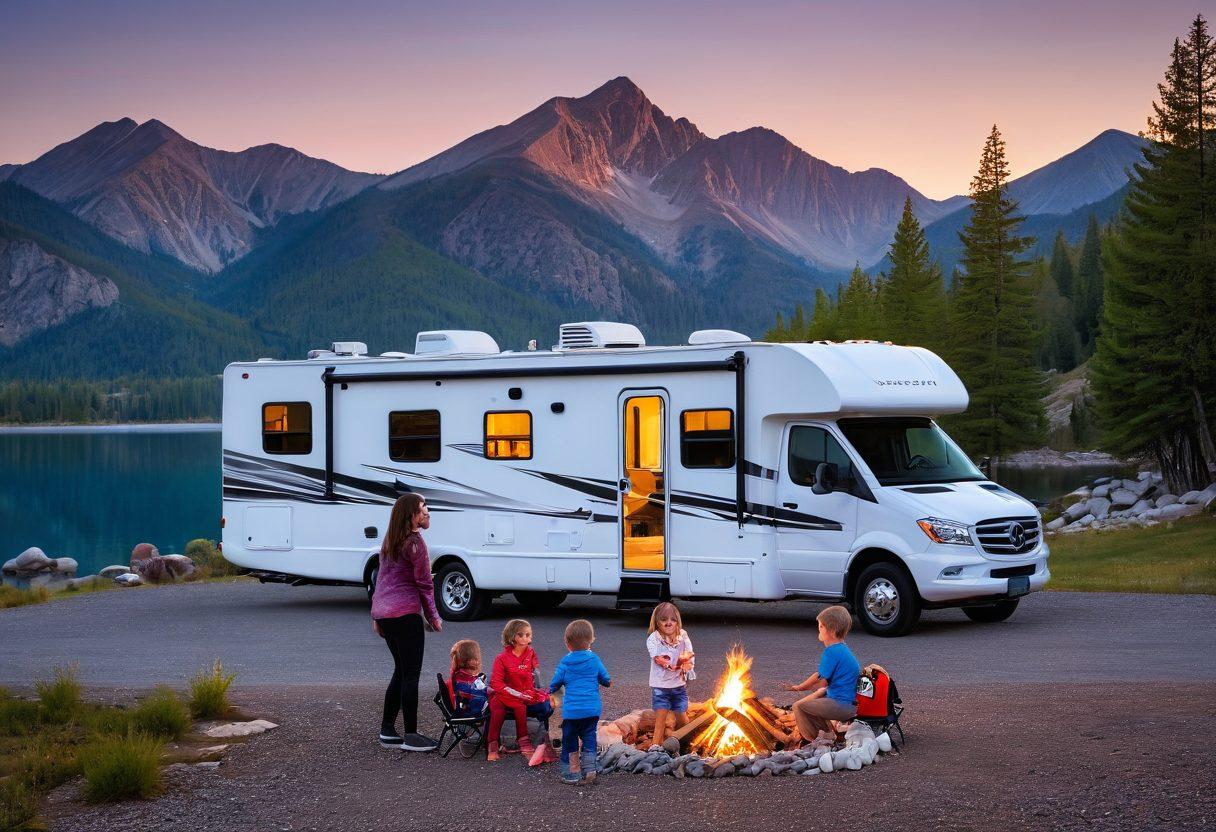 A joyful family with kids, all smiles, standing in front of a stylish, modern RV parked amidst a scenic landscape with mountains and a lake at sunset; campfire crackling and marshmallows on sticks. super-realistic. vibrant colors. warm, inviting tones.
